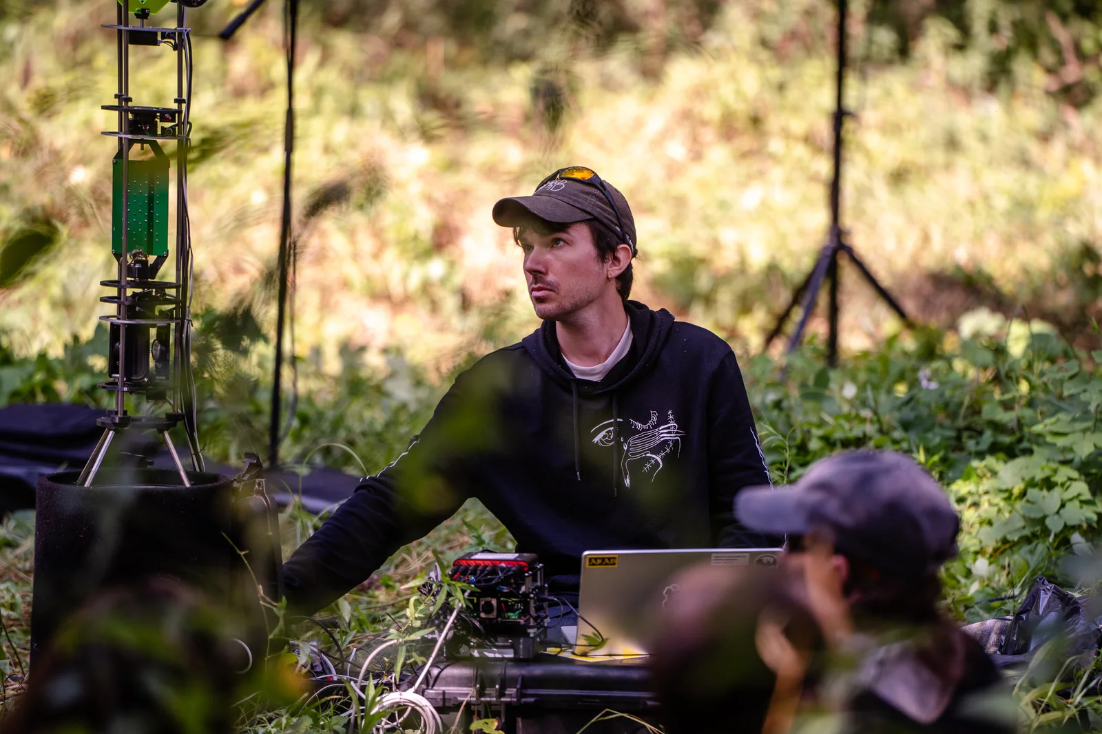 Jonáš Gruska at an outdoor electronic sound setup