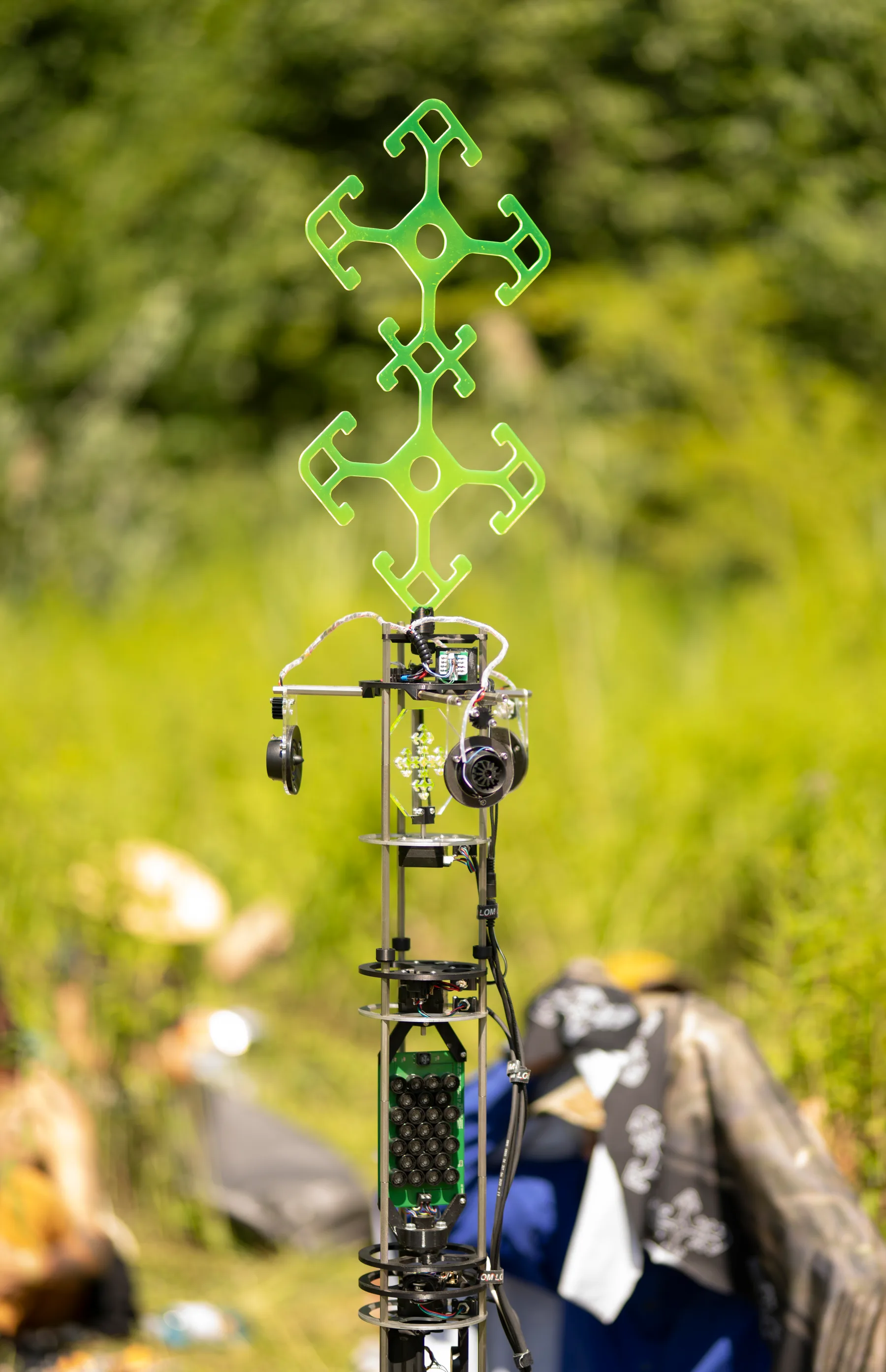 A sculptural electronic sound device set up outdoors during Less is Sound